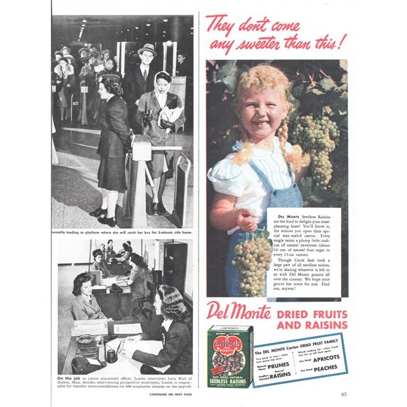 1944 Del Monte Raisins Vintage Print Ad Blonde Girl Pigtails Braids Wall Art - Picture 2 of 2